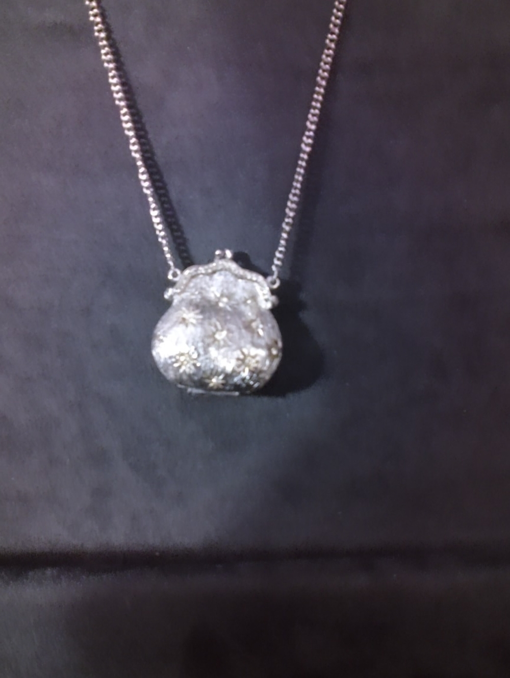 Silver Floral Purse Pendant Necklace Crystal Accents
